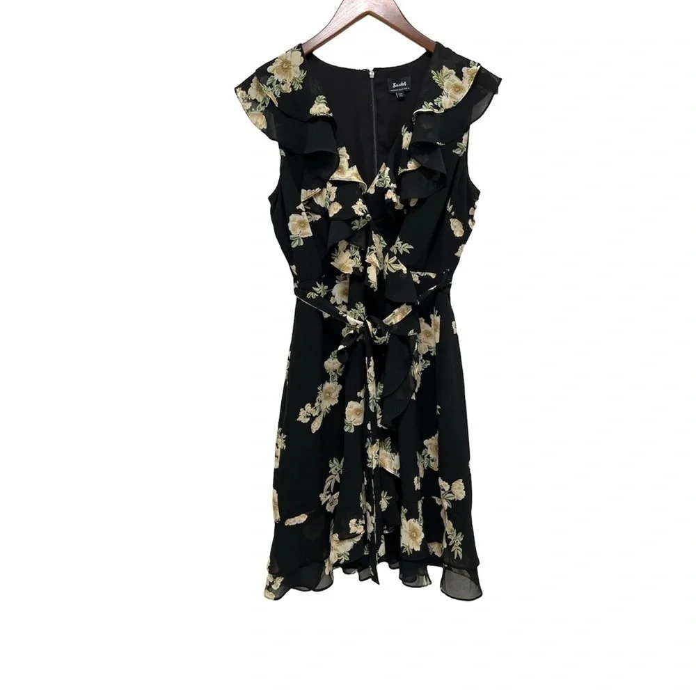 Bardot Floral Print Ruffled Faux-Wrap Cap Sleeve Dress Dark Romantic Size 6 - Picture 4 of 9